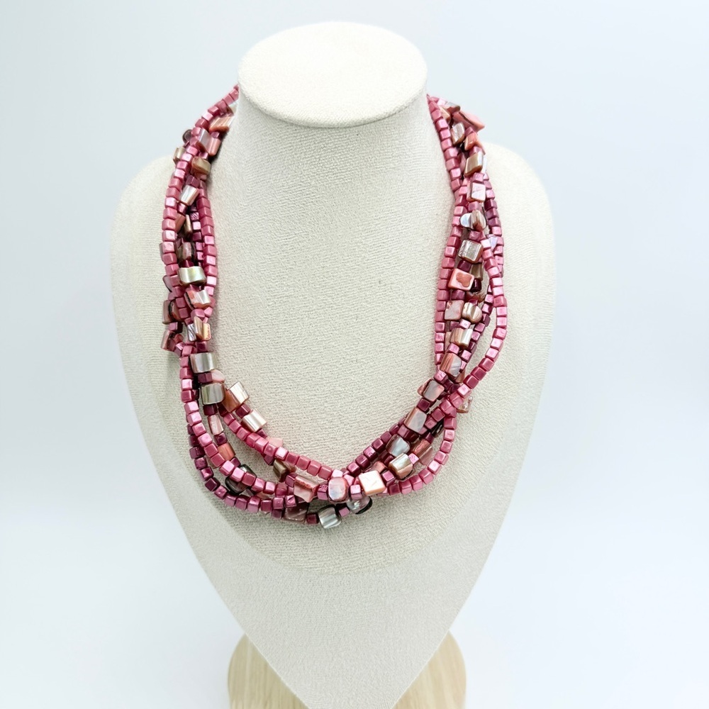 Pink Mother of Pearl Multi Strand Necklace Chunky Statement Bib Jewelry